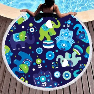 Round beach towel with cute cartoon elephant print and tassels, perfect for outdoor summer and yoga.
