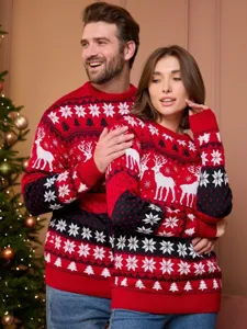 Christmas couple matching sweater featuring classic reindeer and snowflake knit patterns.
