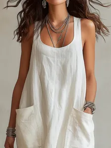 White cotton linen casual long strap dress with pockets, perfect for summer daily wear.