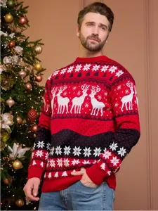 Men's Christmas Reindeer Knit Sweater Winter Warm Long Sleeve Holiday Pullover Top