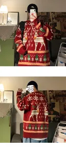 Cozy oversized Christmas deer pattern knitted sweater for men and women, warm winter pullover.