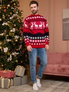 Detailed view of festive Christmas knitted sweater with reindeer pattern in cozy holiday scene.