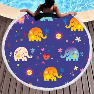 Round microfiber beach towel with cute cartoon elephant print and tassels for summer outdoor.