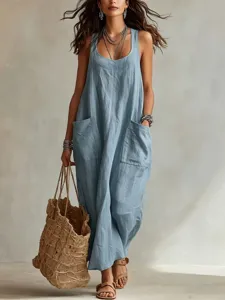Summer casual cotton linen sleeveless strap long dress with pockets for women daily wear