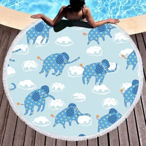 Round beach towel microfiber cartoon blue elephant print fringe yoga mat pool blanket