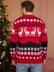 Christmas reindeer jacquard long sleeve knit sweater for couples winter seasonal apparel