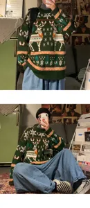 Retro Christmas sweater for men, loose fit round neck knitted pullover with festive deer pattern.