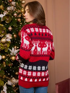 Christmas reindeer jacquard sweater back view, showing detailed knit pattern and festive style.