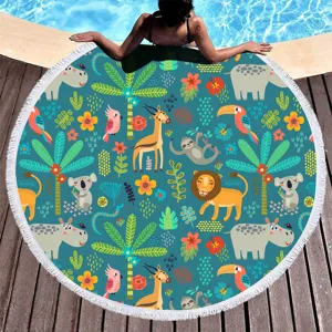 Round beach towel with vibrant cartoon jungle animal pattern, pool scene detail display view.