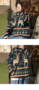 Detailed view of a cozy Christmas knit sweater with reindeer and tree patterns for winter.