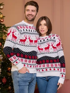 Match cozy couple Christmas sweater with festive reindeer and snowflake knit pattern long sleeve.