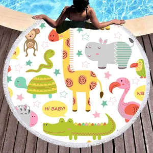 Round microfiber beach towel with cute cartoon animal print and tassel edge for summer vacation.