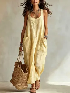Summer casual linen blend strap jumpsuit detail showcasing functional side pockets and soft fabric.