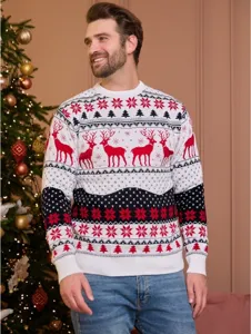 Men's Christmas reindeer jacquard long sleeve knit sweater, festive winter fashion apparel.