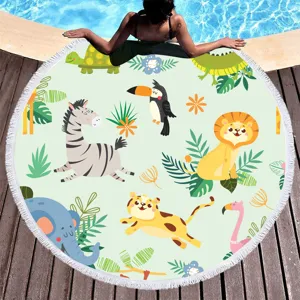Detailed view of round beach towel featuring cute jungle animals print and stylish fringe design.