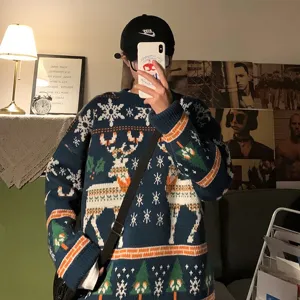 Detailed view of the retro Christmas knit sweater featuring cozy deer and snowflake patterns.