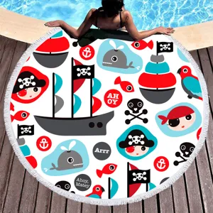 Round beach towel with cute pirate cartoon print and fringe, perfect for summer vacation.