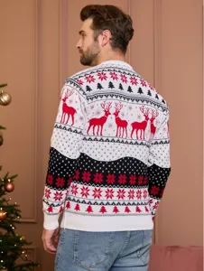 Men Christmas Reindeer Jacquard Knit Sweater Long Sleeve Holiday Pullover Winter Warm Top