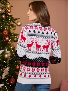 Detailed view of women's Christmas knitted sweater with festive reindeer and snowflake jacquard.