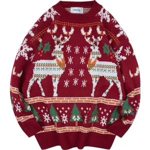 Christmas knit sweater for men, loose fit red pullover with reindeer and tree pattern.