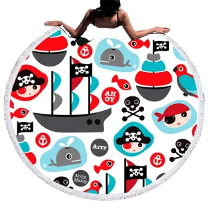 Round beach towel with cartoon pirate print and fringe, microfiber round yoga mat blanket.