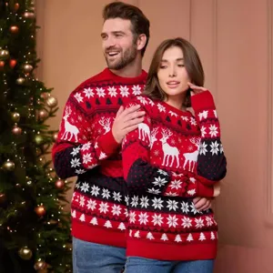Christmas Couple Pullover Sweater Unisex Holiday Elk Snowflake Jacquard Knit Long Sleeve Crewneck Winter Sweaters Top For Men Women Casual Festive Wearing