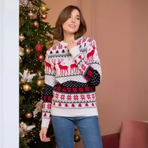 Christmas reindeer jacquard knitted sweater for men and women, cozy winter long sleeve pullover.