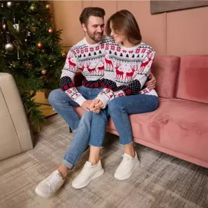 Christmas couple matching long sleeve sweater with cute reindeer and festive jacquard design.