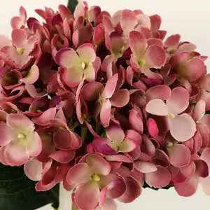 Dettaglio in primo piano della testa di ortensia artificiale rosa con petali realistici.