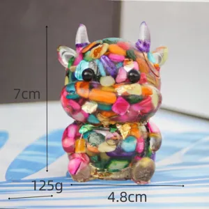 Crystal chip resin cartoon ox figurine desktop ornament with dimension specs, cute table decor.