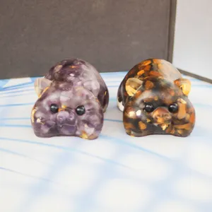 Natural crystal chip cute pig resin craft ornament, amethyst and brown stone pig figurines detail.