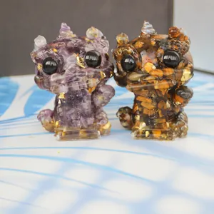 Crystal epoxy cartoon Pi Xiu desktop ornament, cute resin gemstone figurine for home office decor.