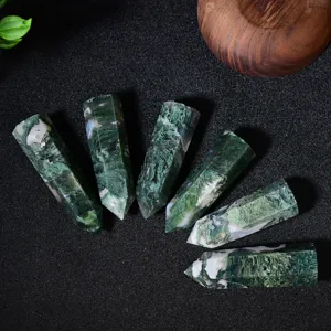 Natural moss agate crystal tower six-sided point raw stone polished gemstone home decor detail