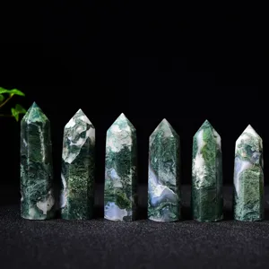 Natural moss agate crystal hexagonal tower detail showing green textures for home decor.