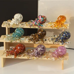 Natural crystal stone resin octopus figurine, handmade epoxy desk decor and ornament.