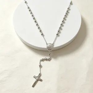 Stainless steel bead rosary necklace with cross pendant, retro style 6mm metallic chain jewelry.