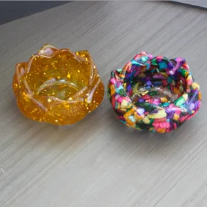 Resin crystal lotus bowl detail, colorful crushed stone cornucopia ornament for home desk decor.