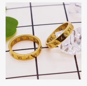 Close-up detail view of 18k gold plated stainless steel ring with roman numerals and zircon.