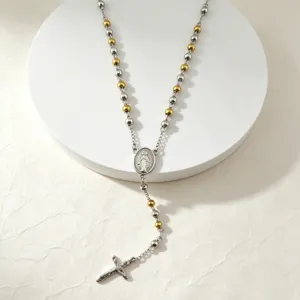 Stainless steel long necklace with 6mm mixed beads and retro cross pendant for daily wear.