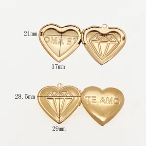 Gold stainless steel heart locket pendant with diamond relief and engraved text details.