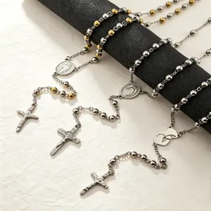 Minimalist Stainless Steel Long Beaded Chain Necklace Retro Cross Pendant Fashion Jewelry For Men And Women