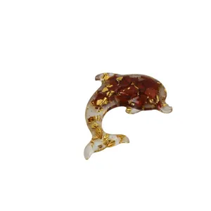 Resin Dolphin Figurine Natural Stone Gold Foil Marine Animal Home Decor Craft Ornament.