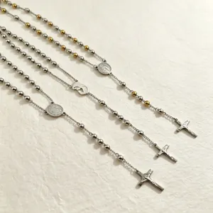 Stainless steel bead rosary long necklace with cross pendant, retro style jewelry for women men.
