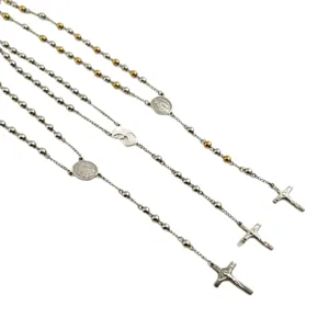 Stainless steel 6mm bead long necklace retro cross pendant jewelry for women and men.