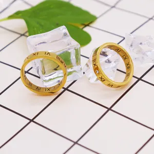 Stainless steel 18k gold plated Roman numeral rings with sparkling zircon crystals for women.