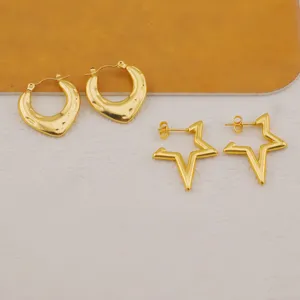 Gold plated stainless steel earrings set, chic irregular hoop and hollow star design.
