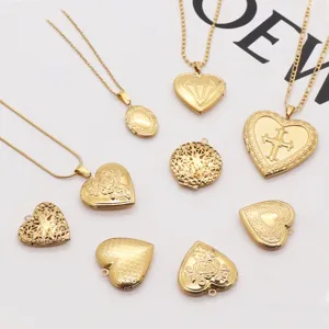 Gold stainless steel locket necklace DIY vintage embossed floral heart pendant jewelry main view