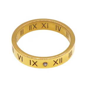 Stainless steel 18k gold plated Roman numeral ring with sparkling zircon stone for daily wear trendy