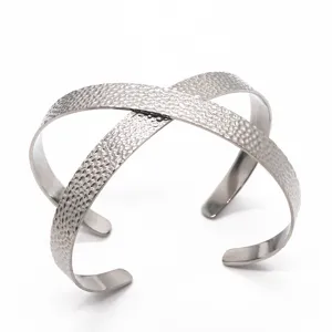 Stainless steel hammered open cuff bracelet, minimalist cross design for daily wear.