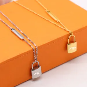 Minimalist Titanium Steel Lock Pendant Necklace With Side Strip Geometric Clavicle Chain Fashion Jewelry Gift